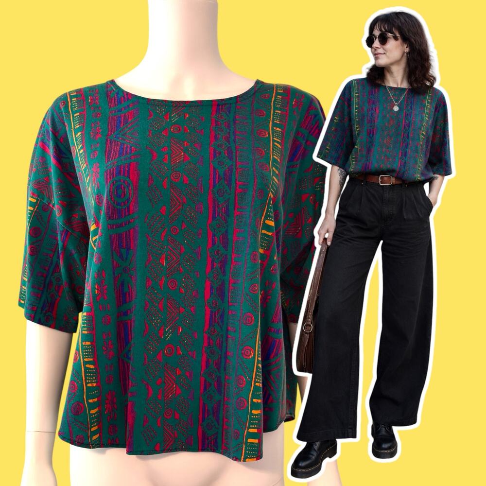 Vintage 90s Abstract Geometric Print Top Womens Boxy Artsy Southwest Boho Tee XL